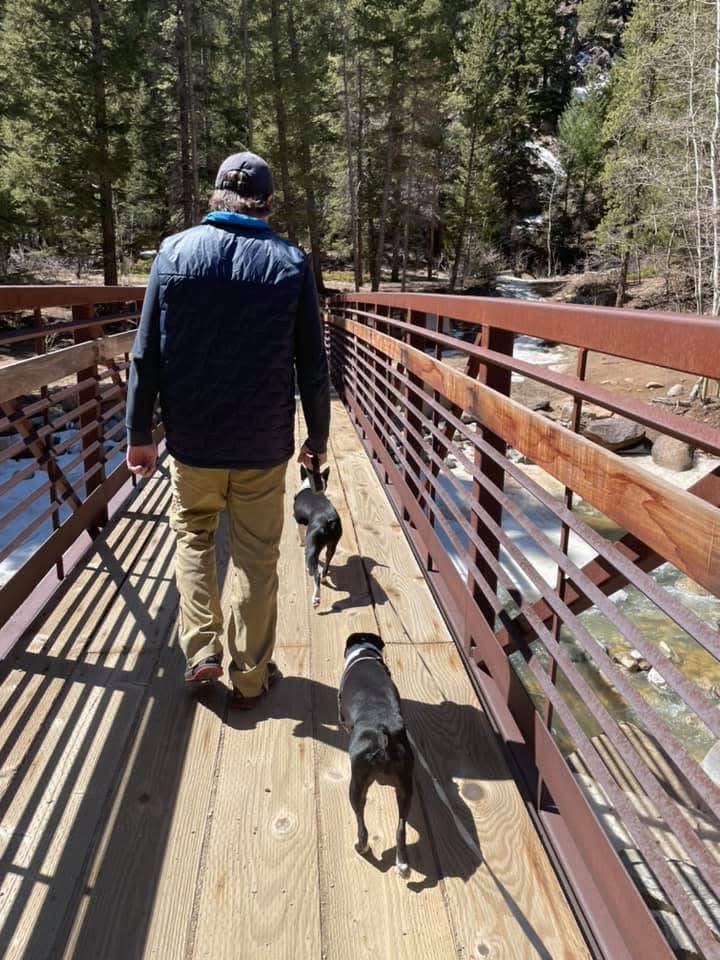 Dave Hardin walking with dog on a forest bridge